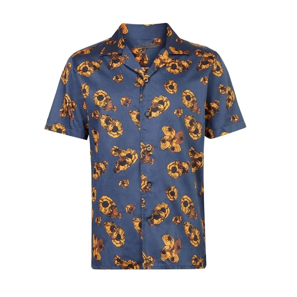 John Varvatos Men's Danny Bold Floral Print Cotton SS Button Camp Shirt Blue L - Picture 4 of 6